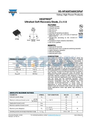 HFA08TA60CSPBF datasheet - HEXFRED Ultrafast Soft Recovery Diode, 2 x 4 A