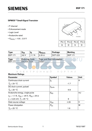 Q67000-S224 datasheet - SIPMOS Small-Signal Transistor (P channel Enhancement mode Logic Level Avalanche rated)