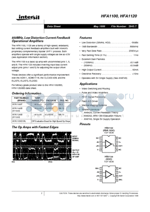 HFA1100IP datasheet - 850MHz, Low Distortion Current Feedback Operational Amplifiers