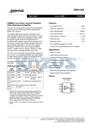 HFA1105IB96 datasheet - 330MHz, Low Power, Current Feedback Video Operational Amplifier