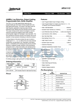 HFA1113EVAL datasheet - 850MHz, Low Distortion, Output Limiting, Programmable Gain, Buffer Amplifier