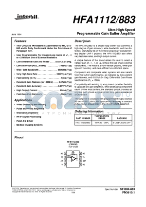 HFA1112MJ/883 datasheet - Ultra High Speed Programmable Gain Buffer Amplifier
