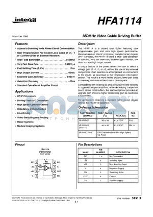 HFA1114 datasheet - 850MHz Video Cable Driving Buffer