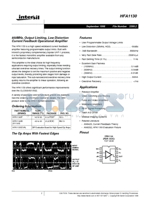 HFA1130 datasheet - 850MHz, Output Limiting, Low Distortion Current Feedback Operational Amplifier