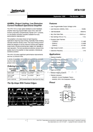 HFA1130IB datasheet - 850MHz, Output Limiting, Low Distortion Current Feedback Operational Amplifier