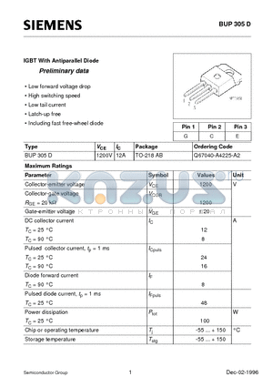 Q67040-A4225-A2 datasheet - IGBT With Antiparallel Diode (Low forward voltage drop High switching speed Low tail current Latch-up free Including fast free-wheel diode)