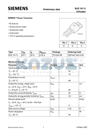 Q67040-S4013-A2 datasheet - SIPMOS Power Transistor (N channel Enhancement mode Avalanche-rated d v/d t rated)