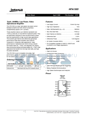 HFA1305 datasheet - Triple, 560MHz, Low Power, Video Operational Amplifier