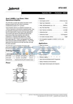 HFA1405IB datasheet - Quad, 560MHz, Low Power, Video Operational Amplifier
