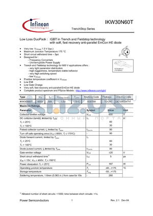 Q67040S4717 datasheet - Low Loss DuoPack : IGBT in Trench and Fieldstop technology with soft, fast recovery anti-parallel EmCon HE diode