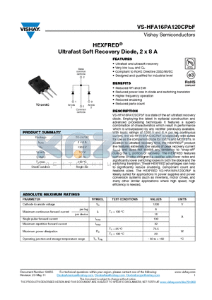 HFA16PA120CPBF_11 datasheet - HEXFRED Ultrafast Soft Recovery Diode, 2 x 8 A