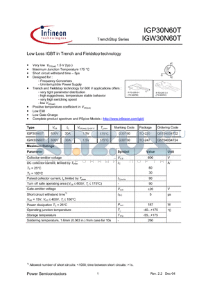 Q67040S4724 datasheet - LOW LOSS IGBT IN TRENCH AND FILEDSTOP TECHNOLOGY