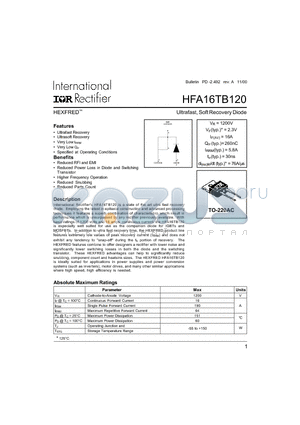 HFA16TB120 datasheet - Ultrafast, Soft Recovery Diode