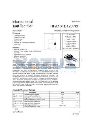 HFA16TB120PBF datasheet - Ultrafast, Soft Revcovery Diode