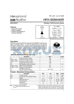 HFA180NH40R datasheet - Ultrafast, Soft Recovery Diode