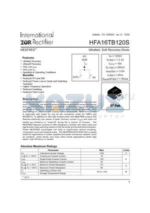 HFA16TB120S datasheet - Ultrafast, Soft Recovery Diode