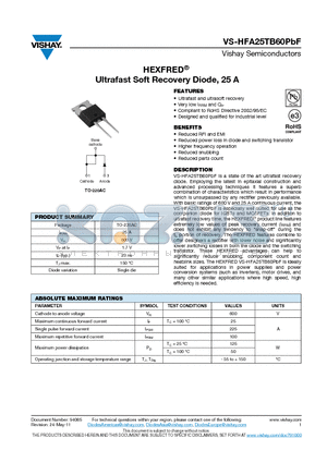 HFA25TB60PBF_11 datasheet - HEXFRED Ultrafast Soft Recovery Diode, 25 A