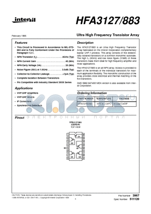 HFA3127/883 datasheet - Ultra High Frequency Transistor Array