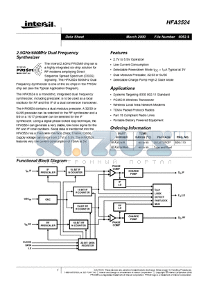 HFA3524IA96 datasheet - 2.5GHz/600MHz Dual Frequency Synthesizer