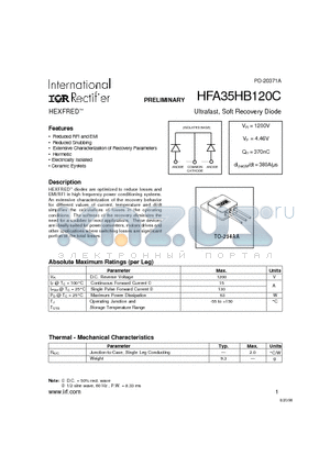 HFA35HB120C datasheet - Ultrafast, Soft Recovery Diode