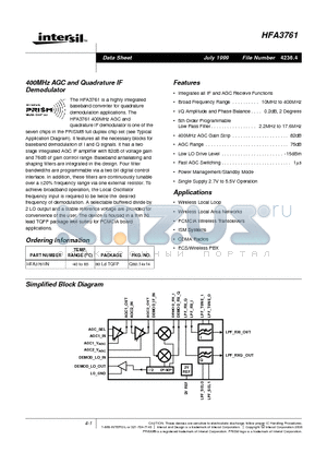 HFA3761 datasheet - 400MHz AGC and Quadrature IF Demodulator