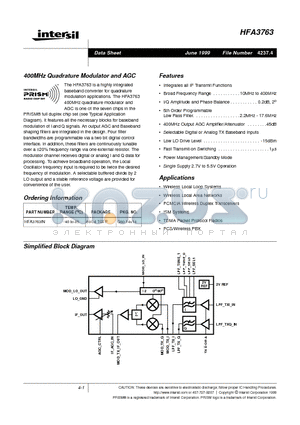 HFA3763 datasheet - 400MHz Quadrature Modulator and AGC