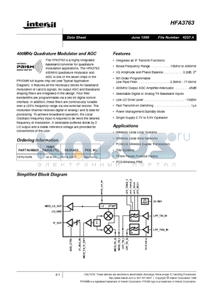 HFA3763IN datasheet - 400MHz Quadrature Modulator and AGC