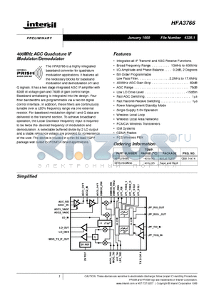 HFA3766IN datasheet - 400MHz AGC Quadrature IF Modulator/Demodulator