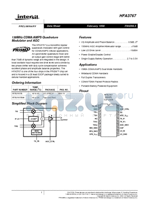 HFA3767 datasheet - 130MHz CDMA/AMPS Quadrature Modulator and AGC