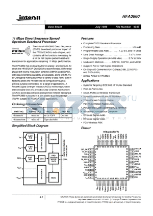 HFA3860IV datasheet - 11 Mbps Direct Sequence Spread Spectrum Baseband Processor