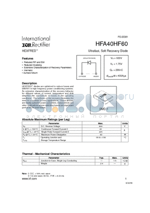 HFA40HF60 datasheet - Ultrafast, Soft Recovery Diode