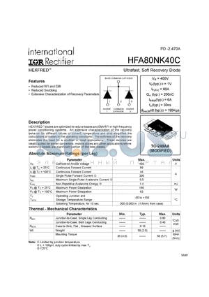 HFA80NK40C datasheet - Ultrafast, Soft Recovery Diode