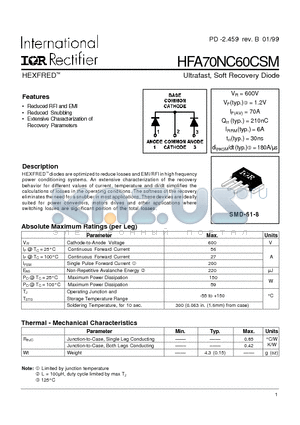 HFA70NC60CSM datasheet - Ultrafast, Soft Recovery Diode