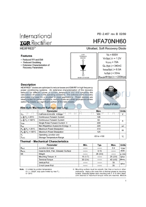 HFA70NH60 datasheet - Ultrafast, Soft Recovery Diode