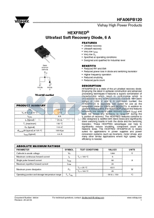 HFB06PB120PBF datasheet - Ultrafast Soft Recovery Diode, 6 A