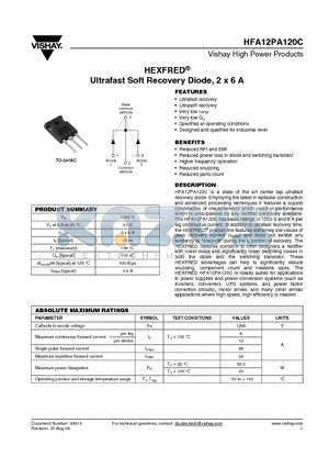 HFB12PA120CPBF datasheet - Ultrafast Soft Recovery Diode, 2 x 6 A