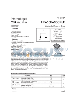 HFB30PA60CPBF datasheet - Ultrafast Soft Recovery Dioe