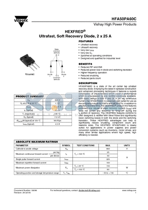 HFB50PA60C datasheet - HEXFRED^ Ultrafast, Soft Recovery Diode, 2 x 25 A