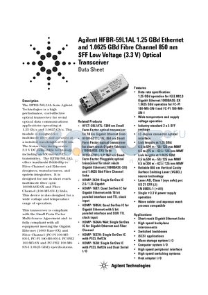 HFBR-59L1AL datasheet - Agilent HFBR-59L1AL 1.25 GBd Ethernet and 1.0625 GBd Fibre Channel 850 nm SFF Low Voltage (3.3 V) Optical Transceiver