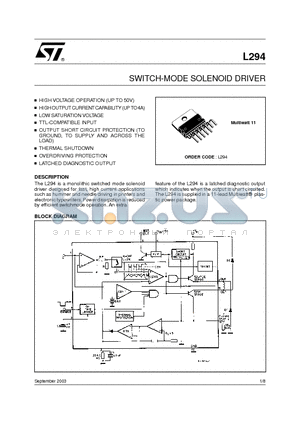 L294 datasheet - SWITCH-MODE SOLENOID DRIVER