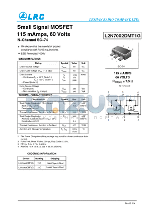 L2N7002DMT1G datasheet - Small Signal MOSFET 115 mAmps, 60 Volts NChannel SC74