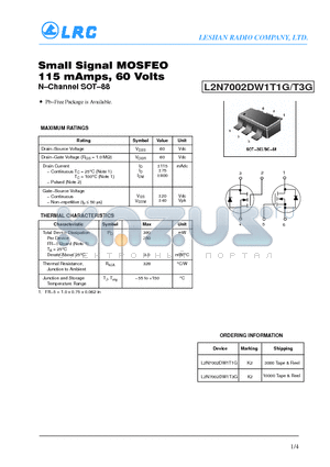 L2N7002DW1T3G datasheet - Small Signal MOSFEO 115 mAmps, 60 Volts