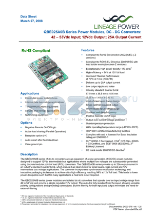 QBE025A0B1 datasheet - 42 - 53Vdc input; 12Vdc Output; 25A output current