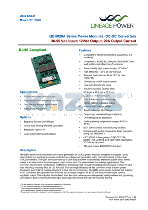 QBK020A0B1 datasheet - 36 - 55 Vdc Input; 12Vdc Output; 20A Output Current