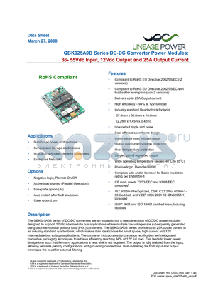 QBK025A0B1 datasheet - 36-55Vdc Input; 12Vdc Output Voltage; 25A Output Current