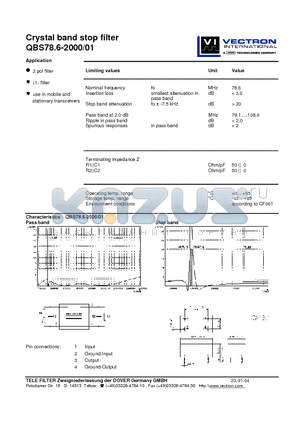 QBS78.6-2001 datasheet - Crystal band stop filter