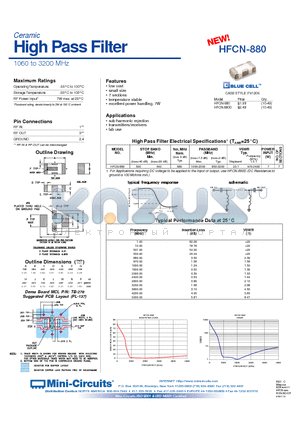 HFCN-880D datasheet - Ceramic High Pass Filter 1060 to 3200 MHz