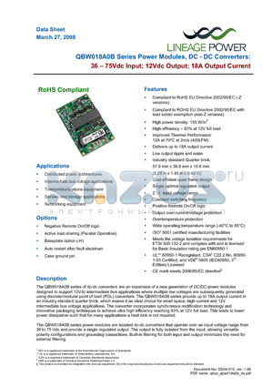 QBW018A0BZ datasheet - 36-75Vdc Input; 12Vdc Output; 18A Output Current