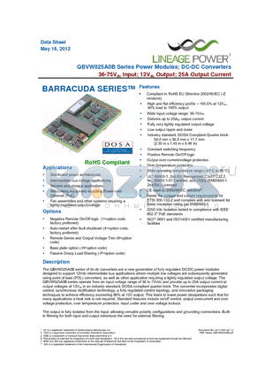 QBVW025A0B1Z datasheet - 36-75Vdc Input; 12Vdc Output; 25A Output Current