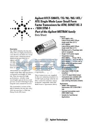 HFCT-5964NG datasheet - ATG Single Mode Laser Small Form Factor Transceivers for ATM, SONET OC-3 /SDH STM-1 Part of the Agilent METRAK family